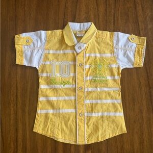 Rare find Kids Yellow & White Striped Short-Sleeve Button Polo Shirt embroidered